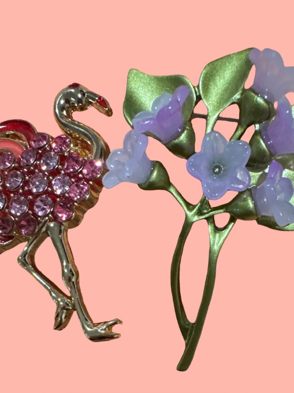 Pink Crystal Flamingo & Lavender Floral Brooch Set